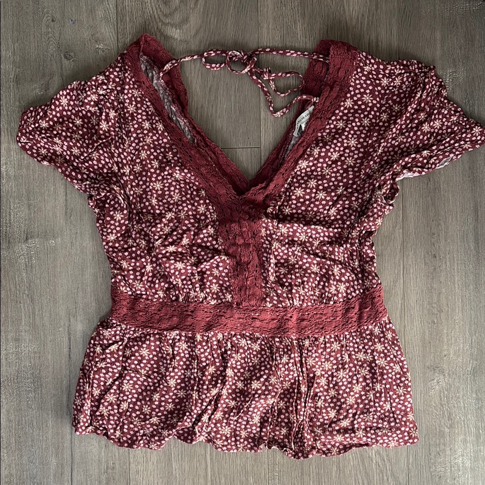 Floral Burgundy Lace Trim V- Neck Top